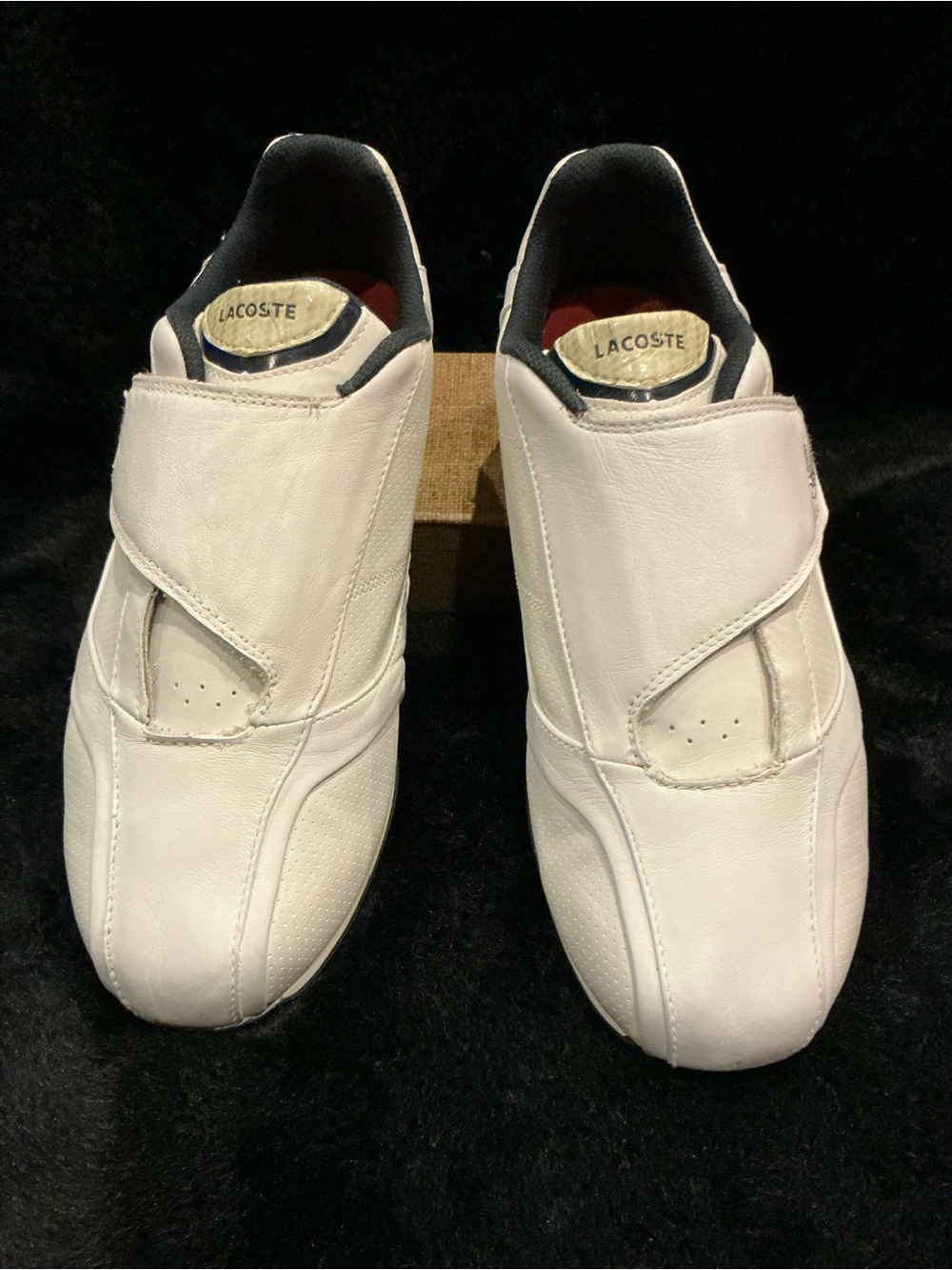 Lacoste Men's White Leather Slip-On Radium Strap Sneakers with Navy Trim